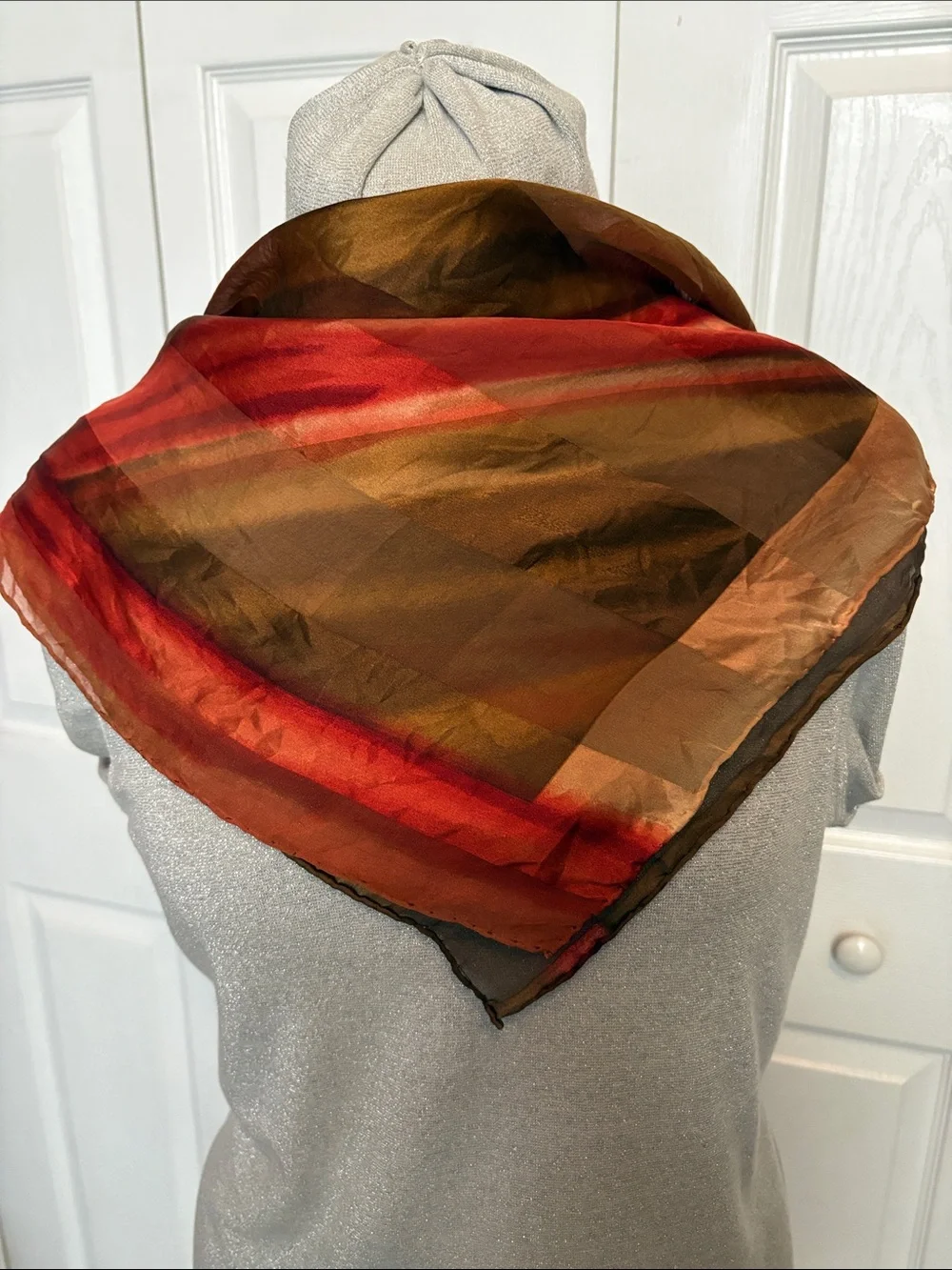 100% Silk Casual Corner Sheer Diagonal Striped Scarf in Red Gold and Brown Tones